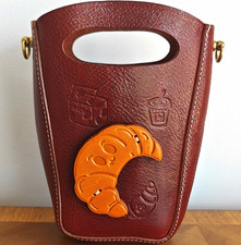 Brown Pebbled Leather Small Crossbody Bag Top Handle Detachable Strap Croissant