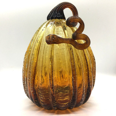Hand Blown Crackle Glass Amber to Brown Gourd Pumpkin Curly Brown Stem 8 in Tall