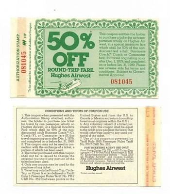 Hughes Airwest 50% Off Round Trip Fare Coupon