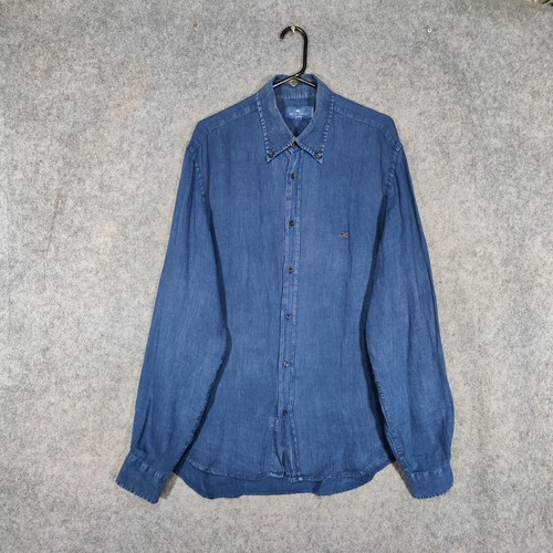 Etro Hemd Herren Größe XXL Blau 100% Leinen Langarm Logo Sommer Italy