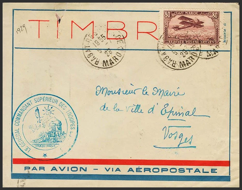 Marruecos Francés. Aéreo. SOBRE Yvert 6. 1929. 80 cts lila castaño. Correo Aére - Imagen 1 de 1