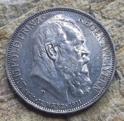1911 GERMANY Bavaria PRINCE LUITPOLD  Silver 3 Marks, BEAUTIFUL!