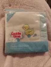 Deluxe Baby Blanket Cuddle Time Duckie Acrylic WHITE /Blue Check Vintage