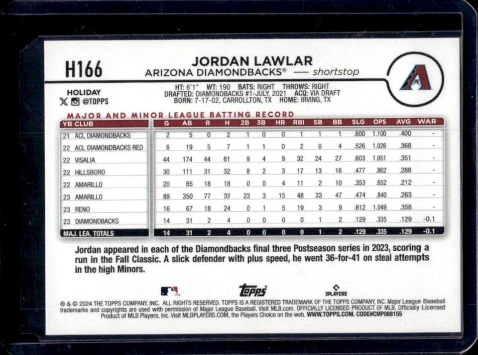 2024 Topps Holiday Jordan Lawlar RC Variation Short Prints #H166 Diamondbacks - Image 2 of 2