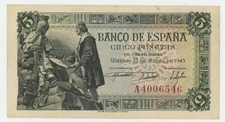 Spain España 5 Pesetas 1945 Pick 129.a XF Circulated Banknote