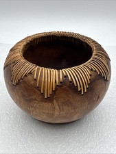 Hand Carved Wooden Trinket Bowl With Weave Trim Small 2.75  H X 4.25  L