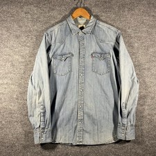 Levis Shirt Mens Large Blue Chambray Western Yoke Pearl Snap Buttons Long Sleeve