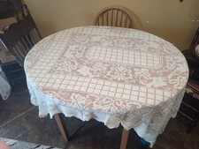 Antique Grapevines Filet Crochet Lace Tablecloth Ecru Floral 68 In. By 52 In.