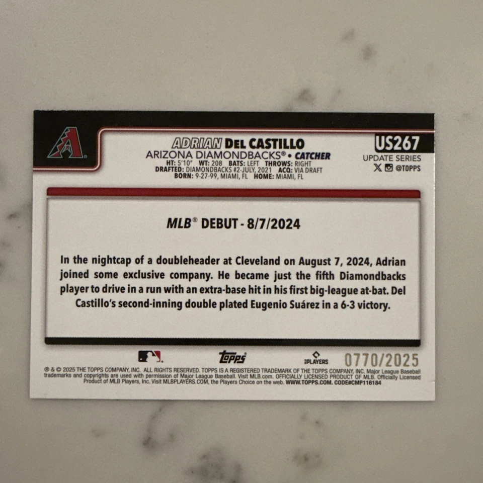 2025 Topps Update Series - Adrian Del Castillo (RC)  /2025 - Gold - #US267 - Image 2 of 4