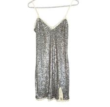 Y2k Sequin Babydoll Slip Dress XS Silver Fairy Mini Lace NYE Holiday Party Club