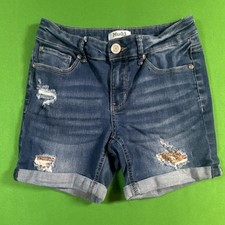Mudd Girls Shorts Size 12 Adjustable Waist Blue Denim Distressed Cuffed Hem
