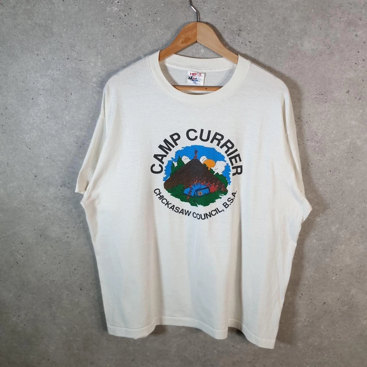 Vintage Tee Jays Camp Currier Chickasaw Council USA 90s T Shirt Mens 2XL White