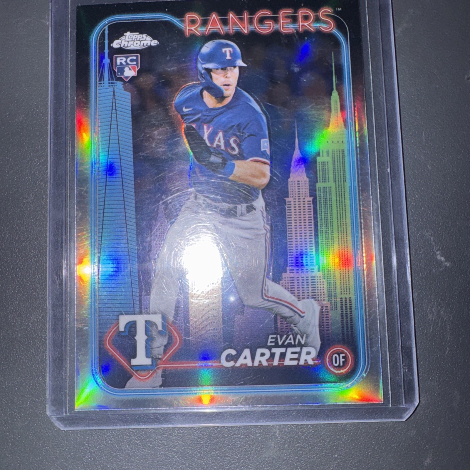 EVAN CARTER 2024 TOPPS CHROME #136 ROOKIE BIG APPLE REFRACTOR RC TEXAS RANGERS