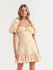 Ever New Linen Mini Dress in Ivory Ditsy floral-White Puff sleeves US 2