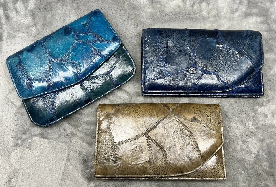Lote de 3 clutch Saldana vintage de retazos de cuero — azul y tostado | vendedor de EE. UU. Foto 3 de 4