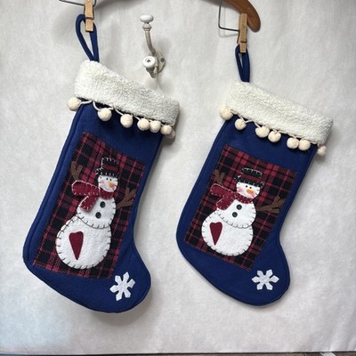 Set Of Two Snowman Christmas Blue Stocking Fleece Pom Pom Trim on Cuff 18 