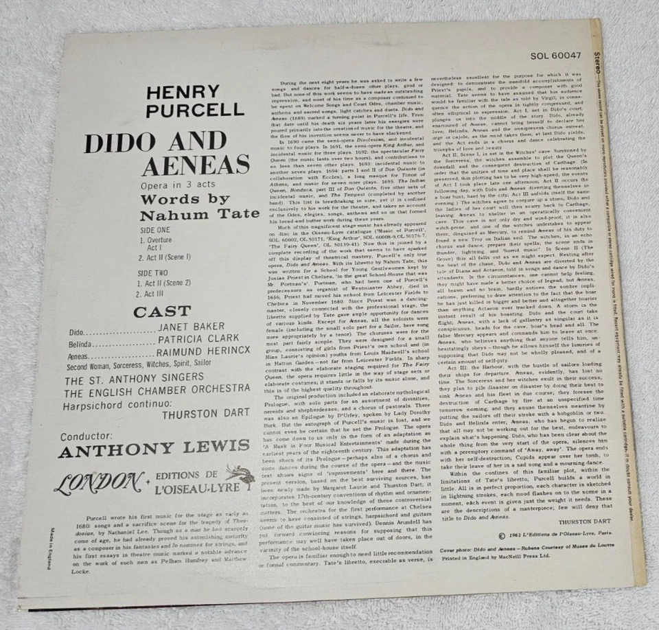 SOL 60047 Purcell Dido & Aeneas The St.Anthony Singers ECO Anthony Lewis Grvd NM - Image 2 of 3
