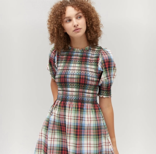 Hill House Home Nap Dress L Plaid White Tartan Puff Sleeve Pocket Mini Academia - Picture 3 of 18