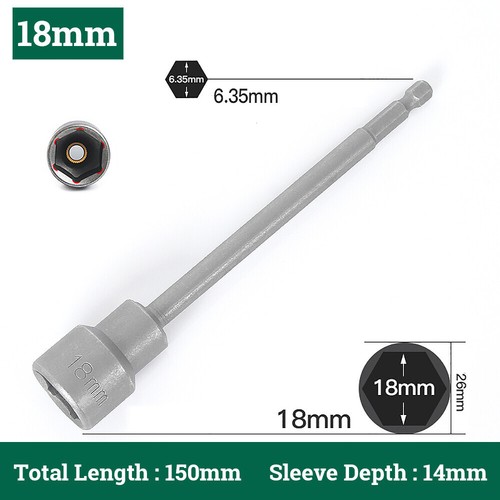 Magnetic Nut Driver Socket Set 150mm Long Impact Drill Bit 1/4" Hex 5mm to 19mm - Picture 20 of 22