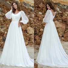 Elegant Chiffon A-Line Wedding Dress V-Neck Puffy Long Sleeved Beach Bridal Gown