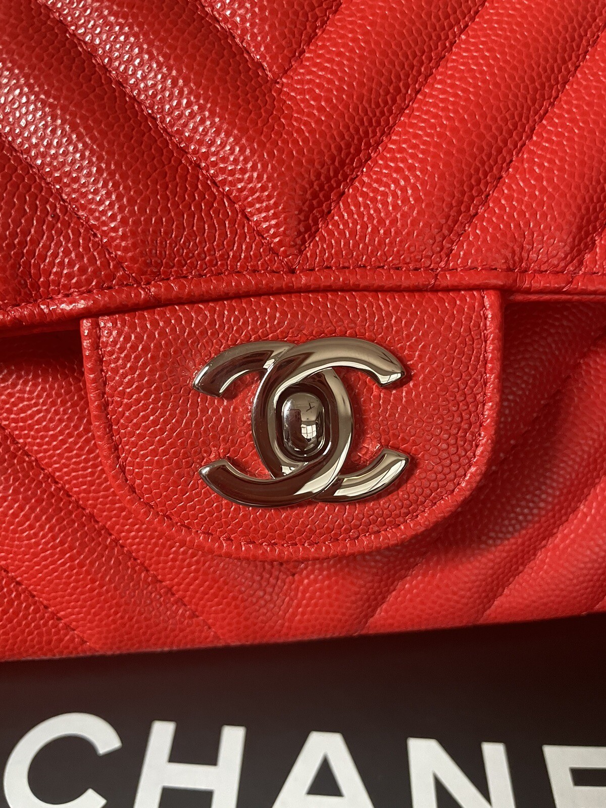 Authentic Chanel Coral Caviar Leather Chevron 10" Medium Double Flap Classic Bag image 4