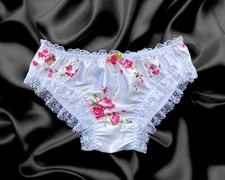 White Pink Satin Floral Frilly Lace Sissy Bikini Knickers Panties Size 10 - 20