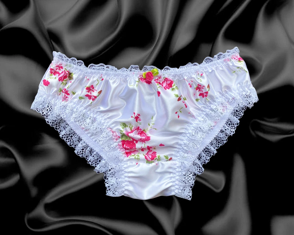 White Pink Satin Floral Frilly Lace Sissy Bikini Knickers Panties Size 10 - 20 - Image 1 of 1