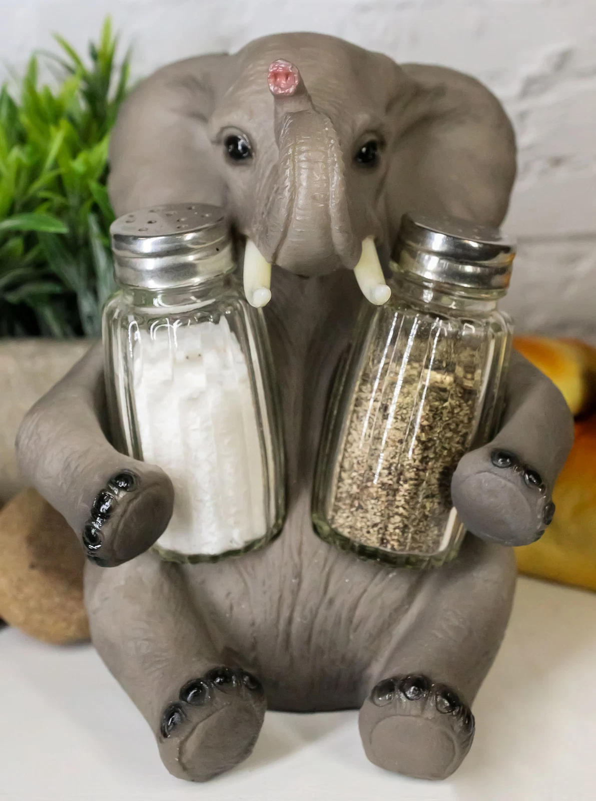 Ebros African Bush Elephant Glass Salt & Pepper Shakers Holder Decor 7" H
