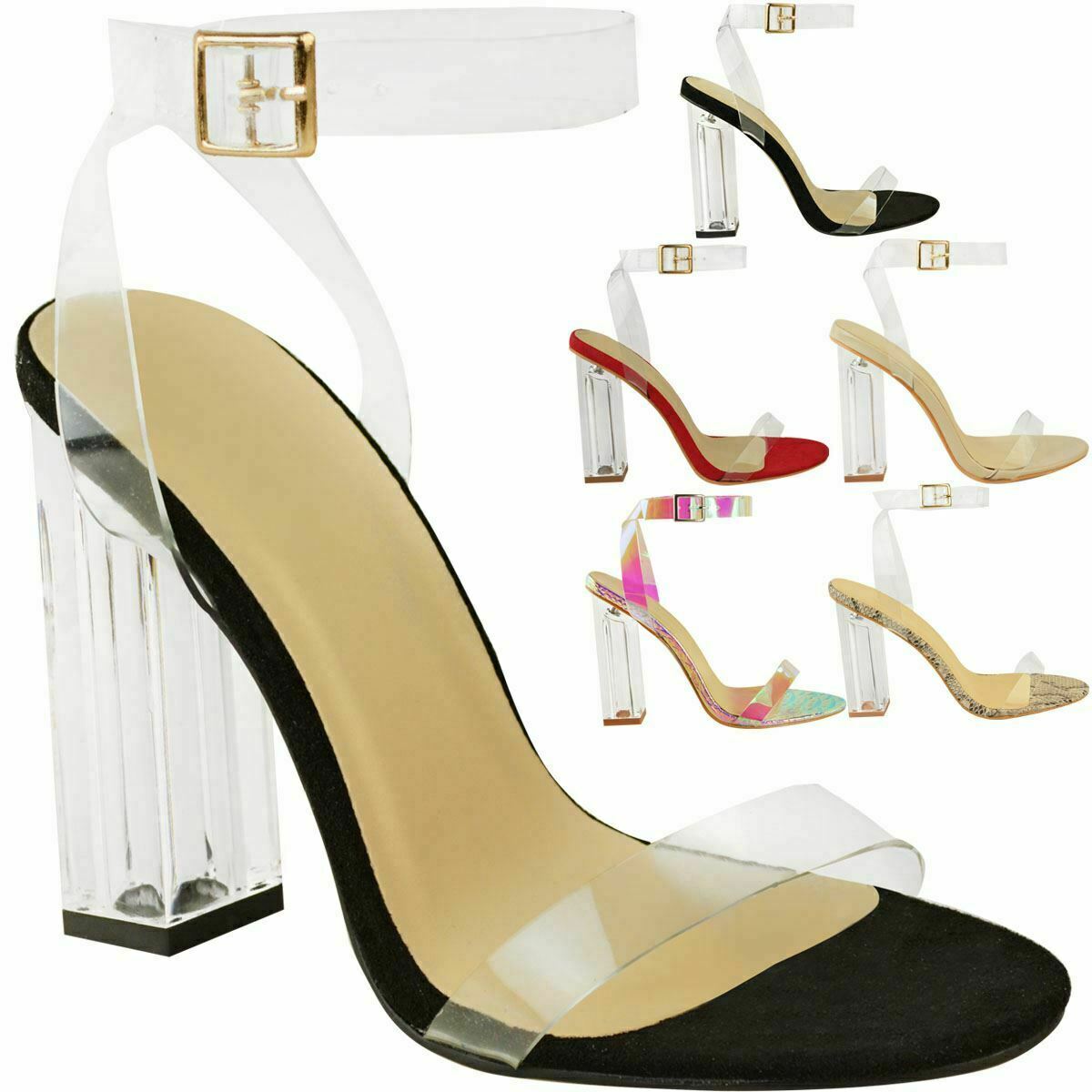 Womens Ladies High Heels Sandals Perspex Hologram Clear Block Heel Party  Shoes