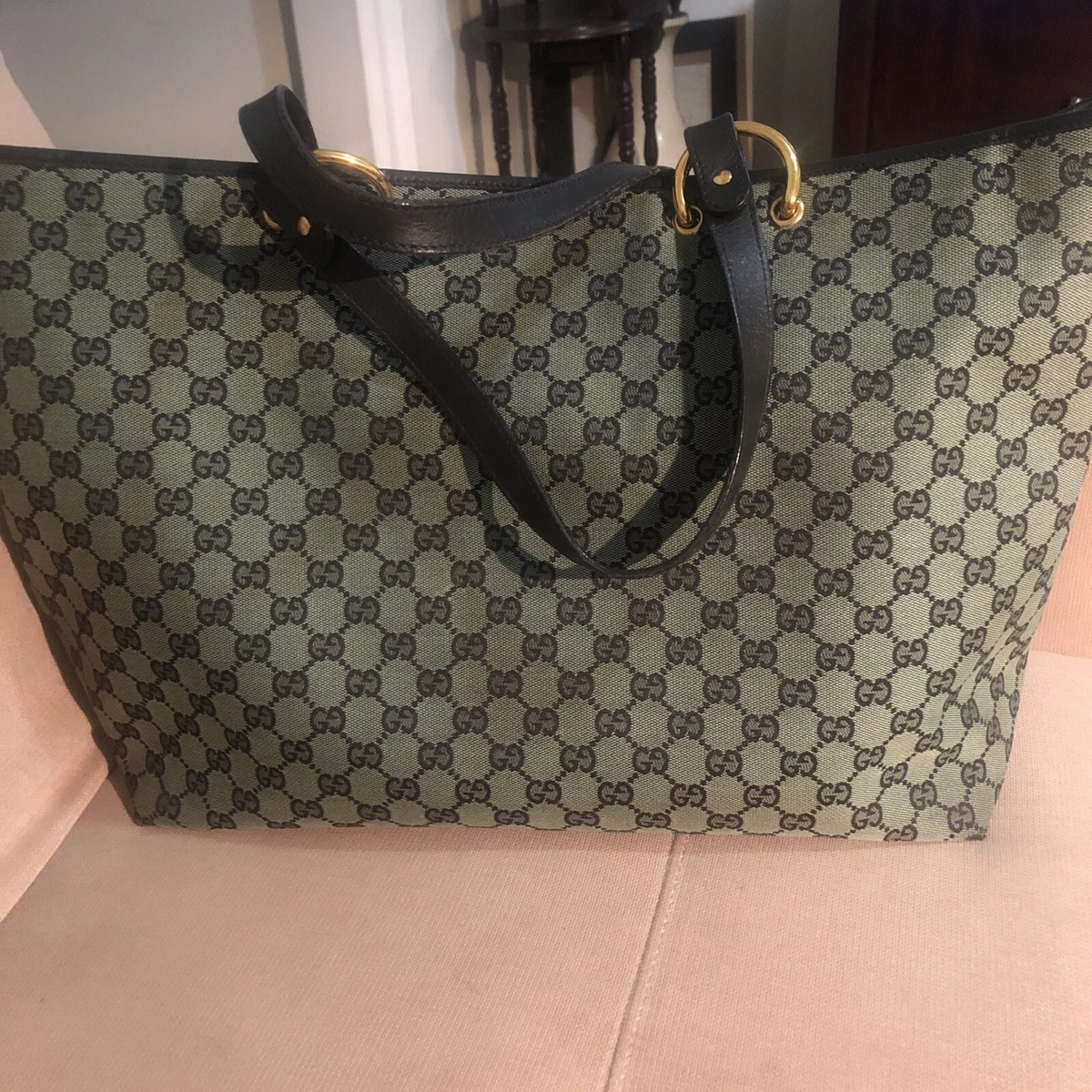 Authentic Gucci Monogram GG Canvas and Leather Tote Green & Black Leather  Italy!