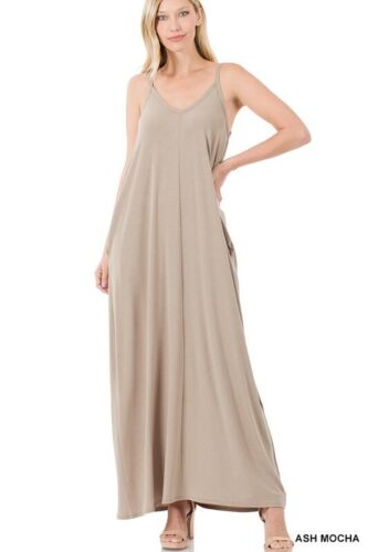 Women Spaghetti Strap V-Neck CAMI MAXI DRESS WITH SIDE POCKETS Flowing Long S-XL - Picture 3 of 16