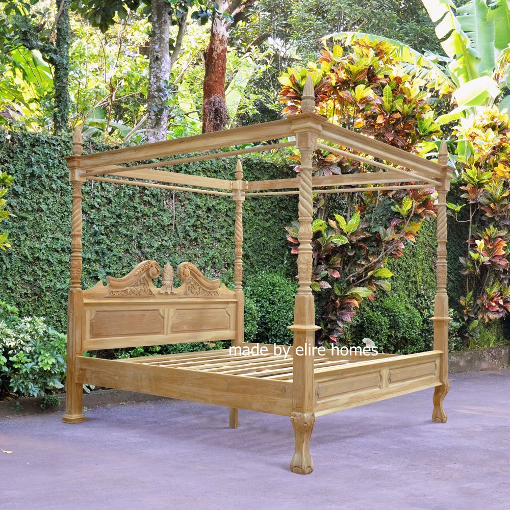 King size 5' Teak Wood  Four poster canopy chippendale Queen Anne Bed