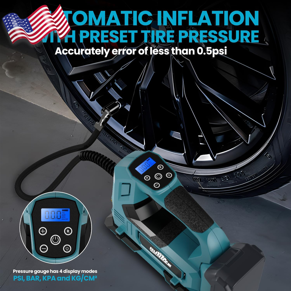 Gonfleur Pneu Sans Fil 18V Compatible Batteries Makita - Pression Max 160 PSI - Digital Avec écran LED - 4 Adaptateurs