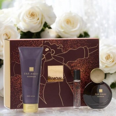 Avon FAR AWAY GLAMOUR Damen Set Körperlotion Taschenspray Parfum Vanille Moschus