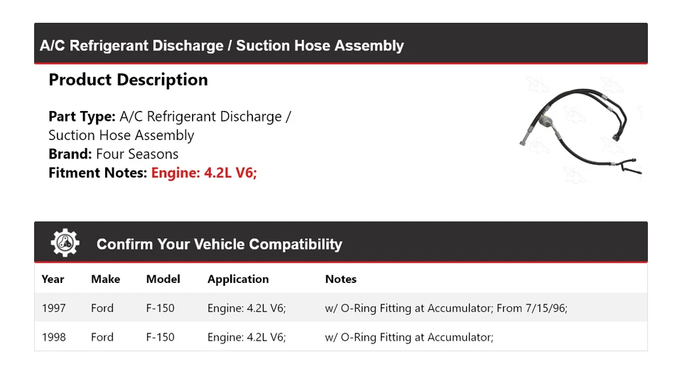 Комплект из 4 сезонов для разгрузки хладагента/всасывающего шланга переменного тока для Ford F-150 1997-1998 годов выпуска - Изображение 2 из 4