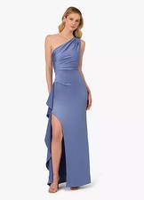Adrianna Papell French Blue One-Shoulder Satin Crepe Ruffle Gown Size 14 199