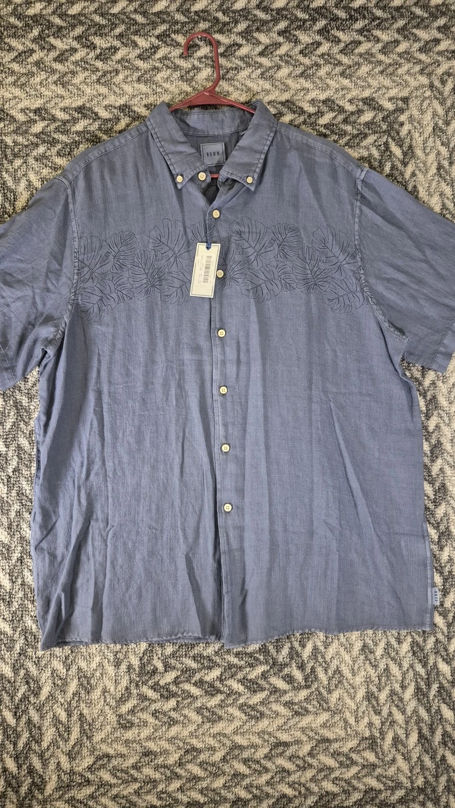 ROWM Shirt Mens XL Blue Short Sleeve Button Up Leaf Print Textured Casual