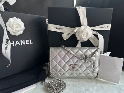 New 25B CHANEL Wallet on Chain Caviar Leather Silver WOC Flap Bag