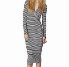 Free People Beach Midi Bodycon Dress Black White Striped SZ S/P V-neck LS
