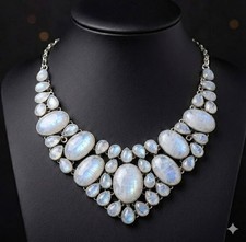 Genuine Moonstone Gemstone Necklace 925 Sterling Silver Rainbow Fire Jewelry 18"