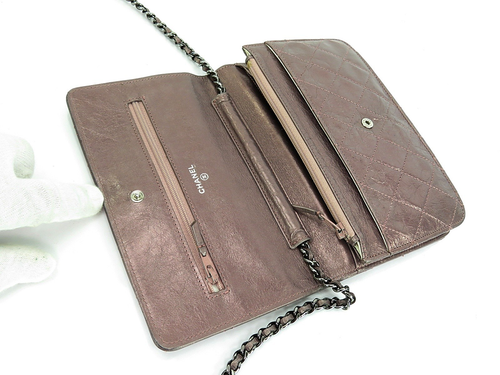 Auténtica Cartera CHANEL Metálica Rosa Acolchada Cuero Matelasse Con Cadena WOC #61835 - Imagen 14 de 24