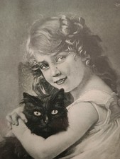 Chat fillette  Héliogravure d'époque 1914 "Les deux amis" Guillaume SEIGNAC