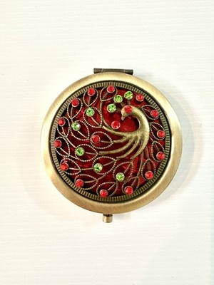 Retro Style Dual Sided Compact Brass Colored W/Jeweled Peacock Design Never Used