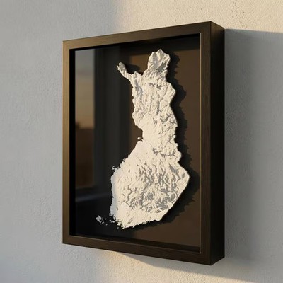 3D Finland Map Wall Art: Topography in Black Wood Frame