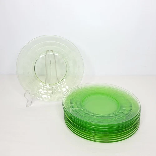 Set of 10 Vintage Anchor Hocking Uranium Glass 8 1/4" Block Optic Salad Plates