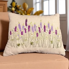 Linen Floral Throw Pillows Embroidered Lavender And Daisy 14” X 21”