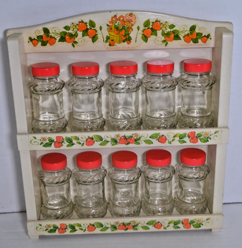 Rare Vintage 1980's Strawberry Shortcake Spice Rack with 10 Spice Jars