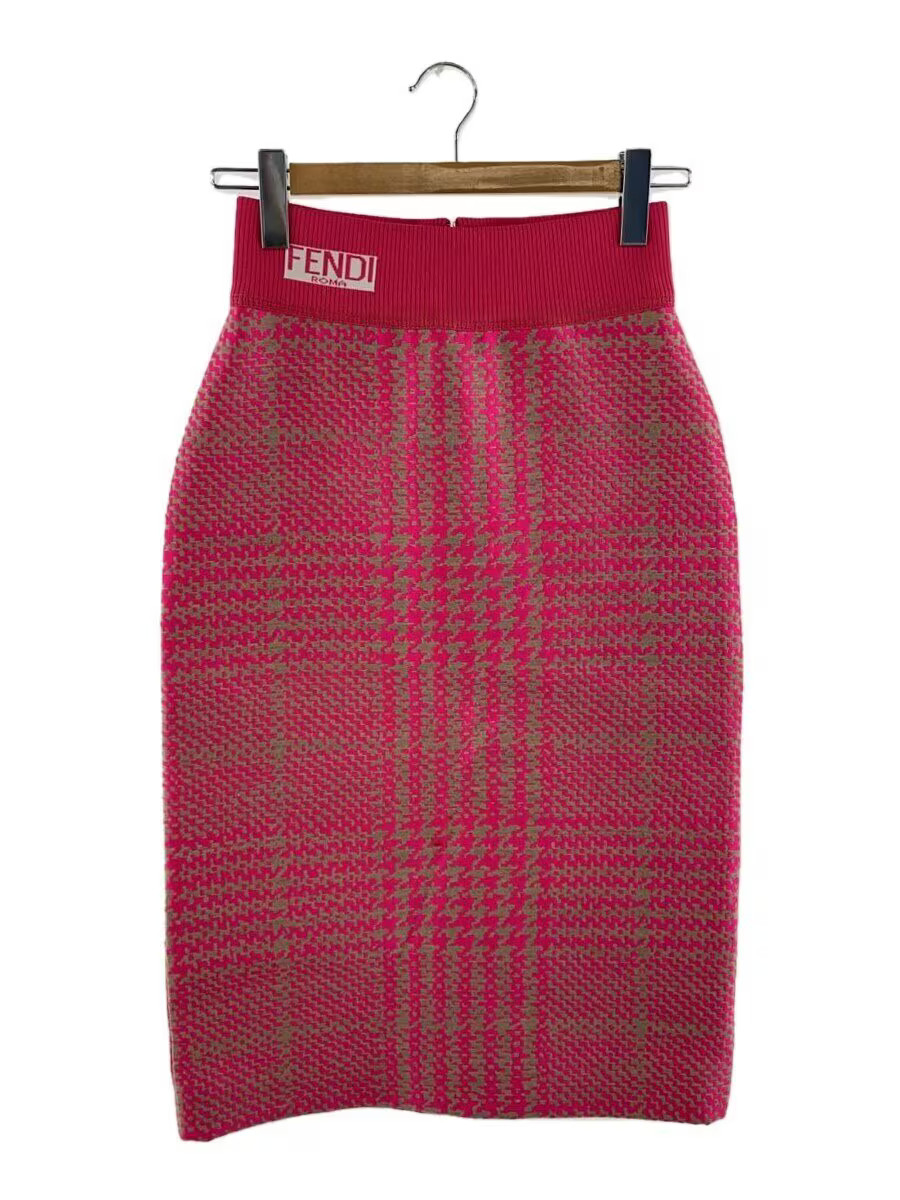 FENDI Silk-Blend Skirt, Size 38, Polyester, Pink, Houndstooth, FQ6688