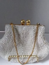 Pearl White Beaded Clutch Handbag Purse Golden Chain Hong Kong