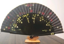 Spanish Art Hand-Painted Folding Fan Floral Design with Gold Trim, Black NEW